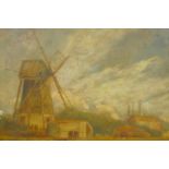 Fred Strickland, landscape with a windmill, signed, oil on board, 14" x 10"