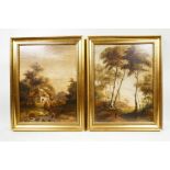 A pair of C19th Continental landscapes, featuring woods and a thatched cottage, oil on board, 13½" x