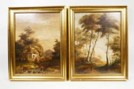 A pair of C19th Continental landscapes, featuring woods and a thatched cottage, oil on board, 13½" x