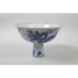 A Chinese blue and white porcelain stem bowl decorated with twin dragons, 6 character mark to
