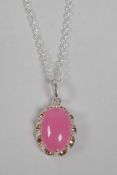 A 925 silver and pink stone pendant necklace, 1" drop