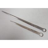 Two antique silver plated meat skewers, longest 11"