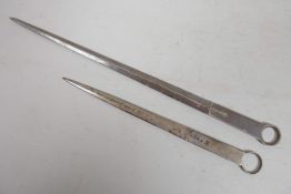 Two antique silver plated meat skewers, longest 11"