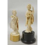 A 1920s Japanese carved ivory figure of a geisha with a basket of flowers, A/F, 7" high, and another
