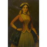 A three quarter length portrait on tin of a lady, unframed, 4" x 5"