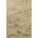Two Chinese paintings on silk depicting riverside and mountain landscapes, largest 11" x 15"