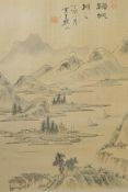 Two Chinese paintings on silk depicting riverside and mountain landscapes, largest 11" x 15"