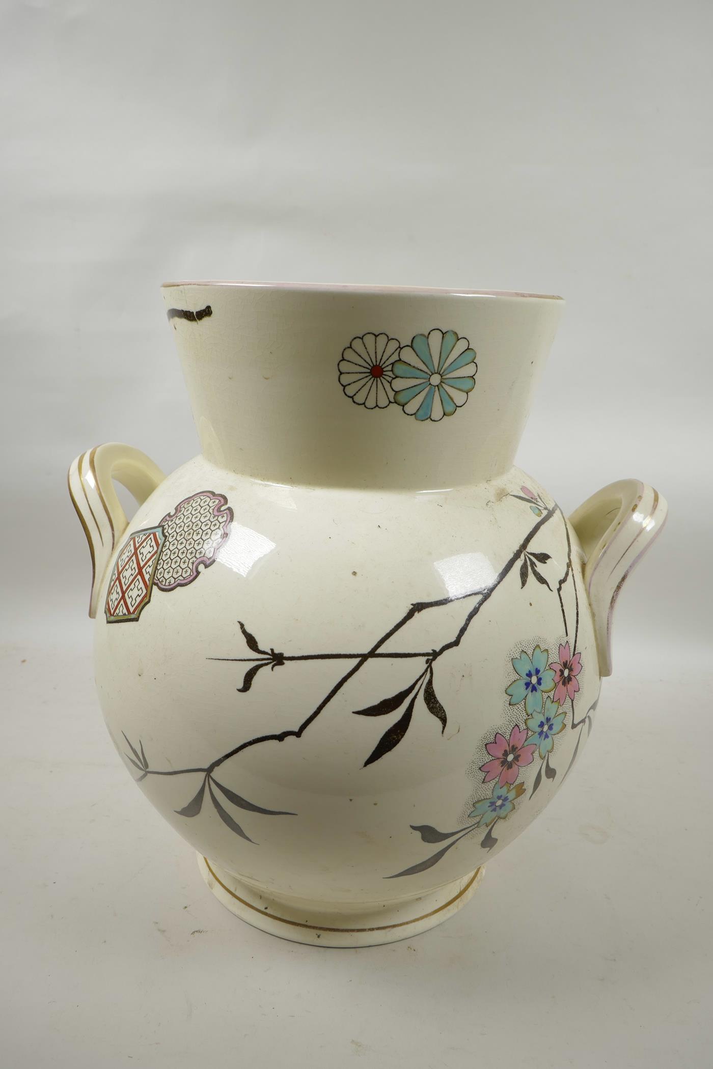 A large Staffordshire two handled vase, decorated with flowers, 13" high - Image 3 of 5