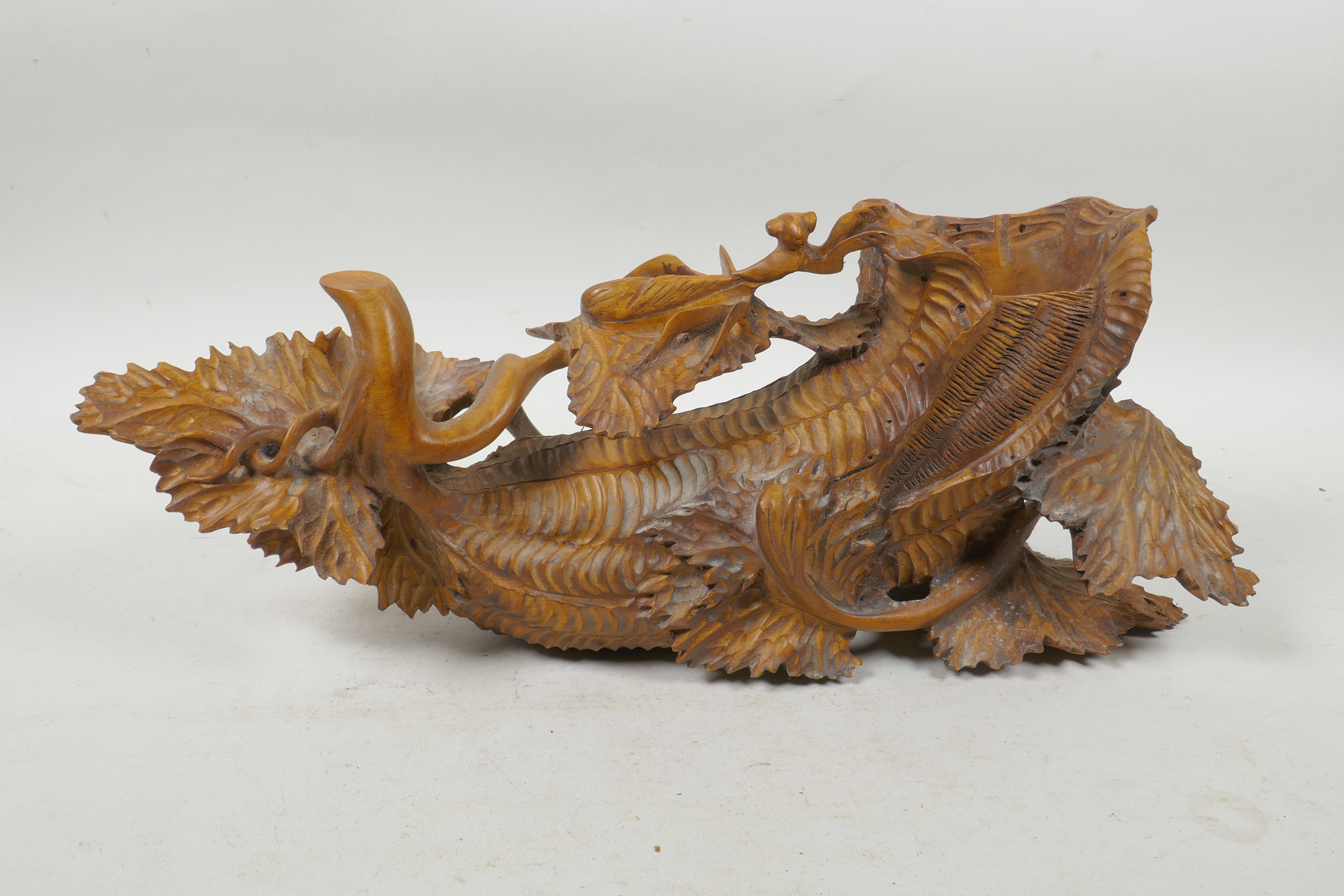 A Chinese carved wood cornucopia in the form of a gourd with a praying mantis, 12" long - Image 2 of 5