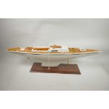 A vintage model yacht, no rigging, 32" long