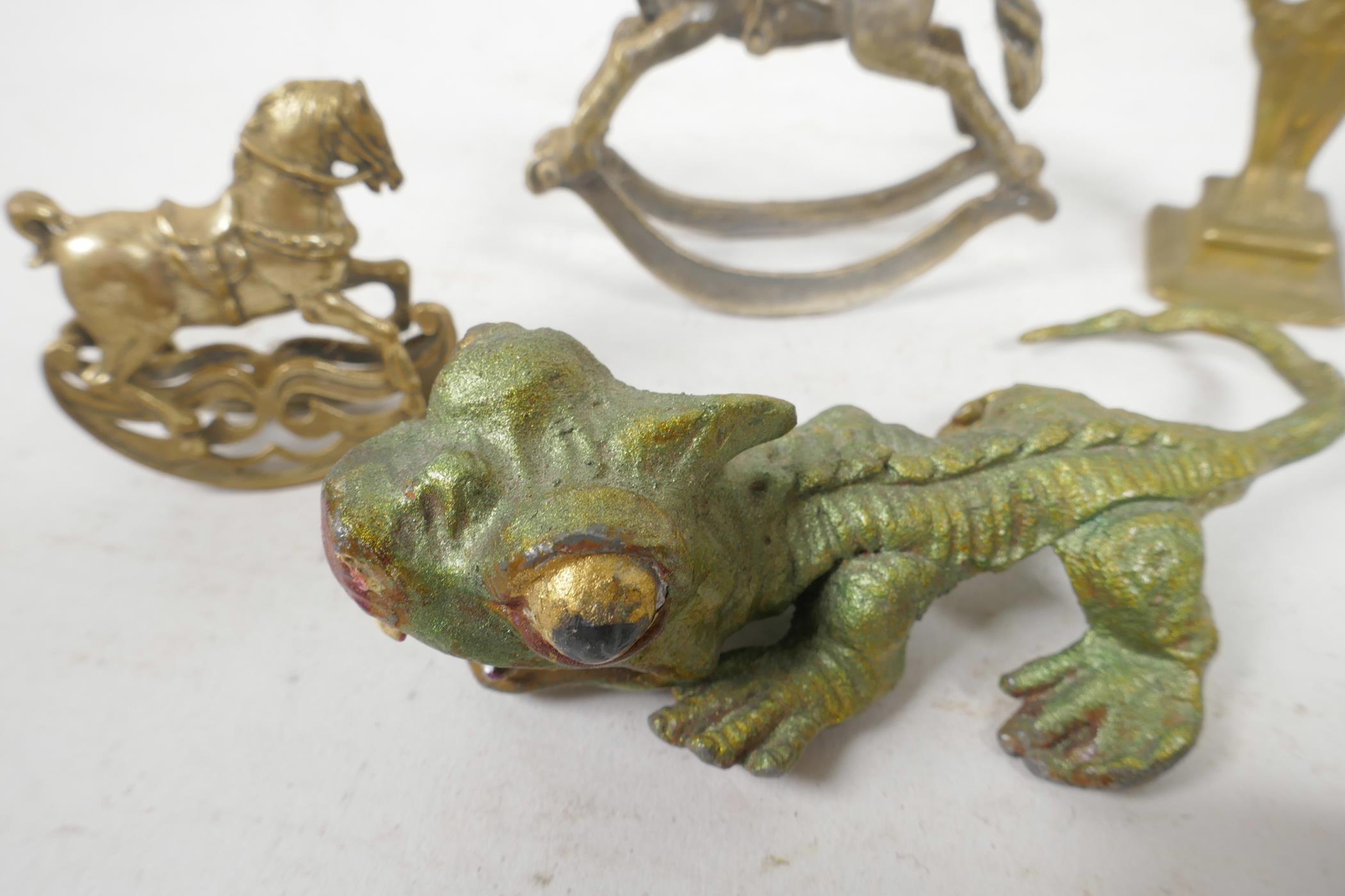 Six small bronze figures, a salamander, 3" long, a dragon lizard, two rocking horses and two - Image 3 of 3