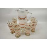 A vintage glass lemonade set of jug and six glasses, with banded frosted and coloured bands, jug 11"