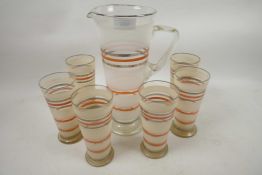 A vintage glass lemonade set of jug and six glasses, with banded frosted and coloured bands, jug 11"