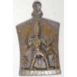 An Indian bronze wall plaque depicting a four armed warrior deity, 8" high