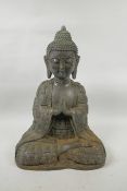A Sino Tibetan bronze of Buddha seated in meditation, his robes decorated with smaller depictions of