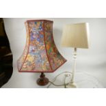 A turned wood urn shaped table lamp supplied by John Lewis, 20" high, with floral shade, together