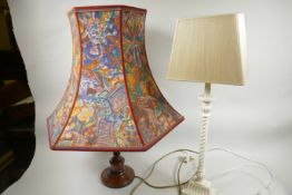 A turned wood urn shaped table lamp supplied by John Lewis, 20" high, with floral shade, together