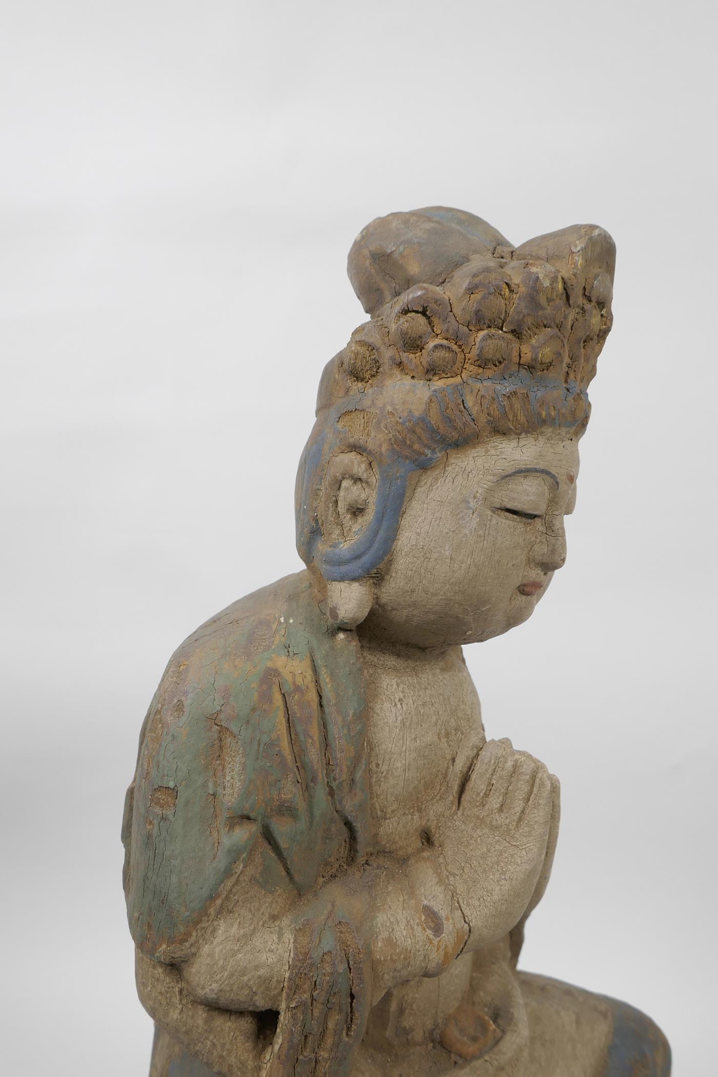 A Chinese painted and distressed carved wood Buddha seated on a lotus throne, 14½" high - Image 3 of 5