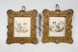 A pair of hand coloured engravings of a boy and girl dressed in 19th century attire, in cast