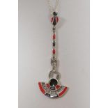 A silver, marcasite and enamel Art Deco style pendant necklace, 2½" drop