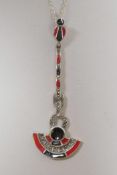 A silver, marcasite and enamel Art Deco style pendant necklace, 2½" drop