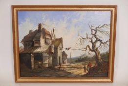 Attributed to Adrianus van der Kough (1796-1831), travellers by a farmstead, oil on canvas, re-