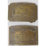 Two Tiffany style brass belt buckles 'Colorado State Penitentiary Canon City' and 'Wells Fargo