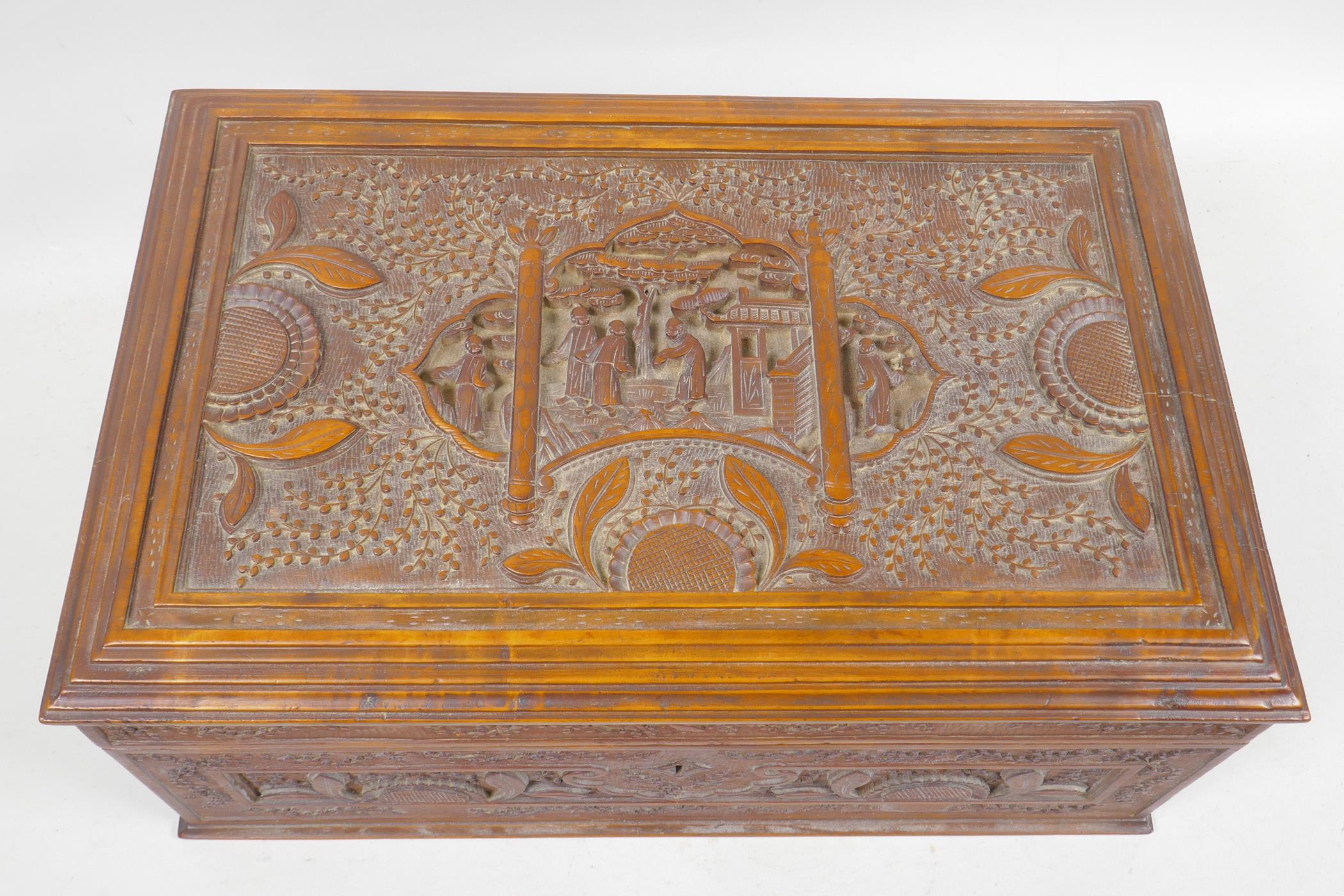 A Chinese carved hardwood box decorated with figures in a garden scene, 12¼" x 5¾" x 8" - Image 2 of 3