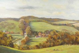 Kenneth Denton, C20th British, rural landscape with cattle, oil on canvas board, 30" x 20"