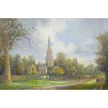Max Dunlop, rural scene with church and figures, signed, titled verso 'St Barnabus, Ranmore', oil on