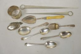 Three C18th hallmarked silver teaspoons by Thomas Chawner, together with a hallmarked caddy spoon, a