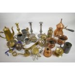 A box of metalware including pewter candlesticks, brass, copper etc