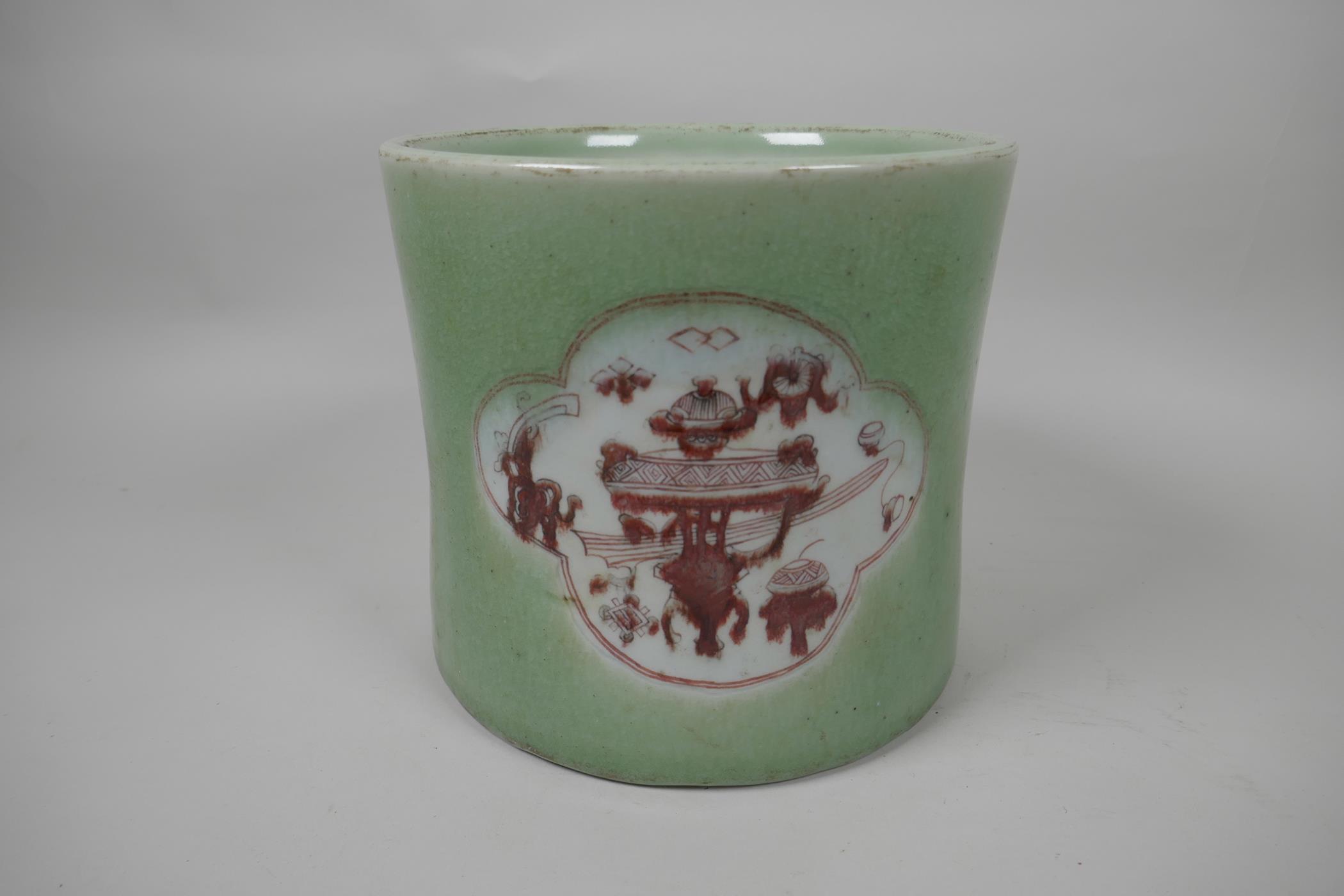 A Chinese porcelain brush pot decorated with panels in puce on a green glaze, 7½" diameter - Image 3 of 4