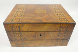 An unusual C19th walnut and Tunbridge ware vanity and writing box, 12" x 8½" x 6"