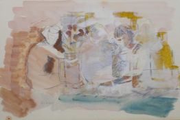 Abstract study of figures with pots, signed Kinley, mixed media, 10½" x 18"