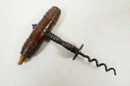 A C19th Robert Jones style direct pull corkscrew, with turned wooded handles (fitted with a brush to