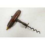 A C19th Robert Jones style direct pull corkscrew, with turned wooded handles (fitted with a brush to