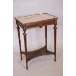 A French mahogany and ormolu mounted side table, with marble top and single frieze drawer, raised on