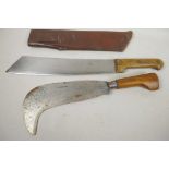 A vintage Morris Bevan Billhook with fruitwood handle, 16" long, together with a French military