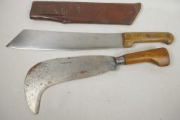 A vintage Morris Bevan Billhook with fruitwood handle, 16" long, together with a French military