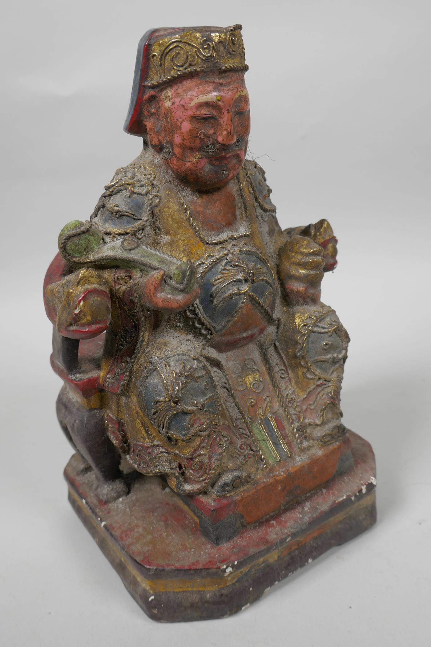 A Chinese painted wooden figure of a dignitary wearing fine robes with wired decoration, seated on a - Image 2 of 5