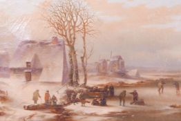 Dutch winter landscape with figures skating, unsigned oil on canvas, late C19th, in a good carved