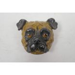 A cold painted bronze stamp box in the form of a pug's head, 2½" x 2½"