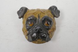 A cold painted bronze stamp box in the form of a pug's head, 2½" x 2½"