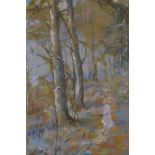 Figure on a woodland path, signed Sine Mackinnon, gouache painting, 13½" x 8"