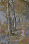 Figure on a woodland path, signed Sine Mackinnon, gouache painting, 13½" x 8"