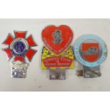 Three chrome and enamel car badges, 'Variety Club of Great Britain', 'The Order of the Road' and '
