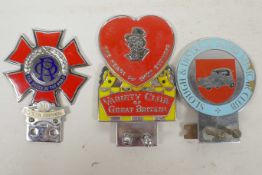 Three chrome and enamel car badges, 'Variety Club of Great Britain', 'The Order of the Road' and '