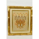 A framed decorative embroidered panel detailed verso: Original embroidered panel made by Jan Messant