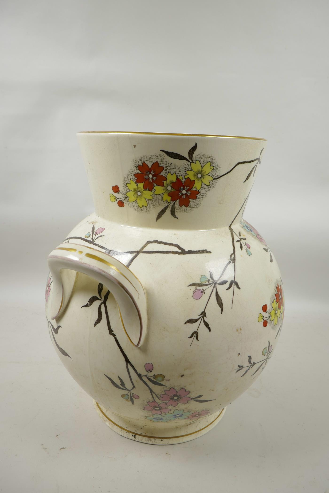 A large Staffordshire two handled vase, decorated with flowers, 13" high - Image 2 of 5